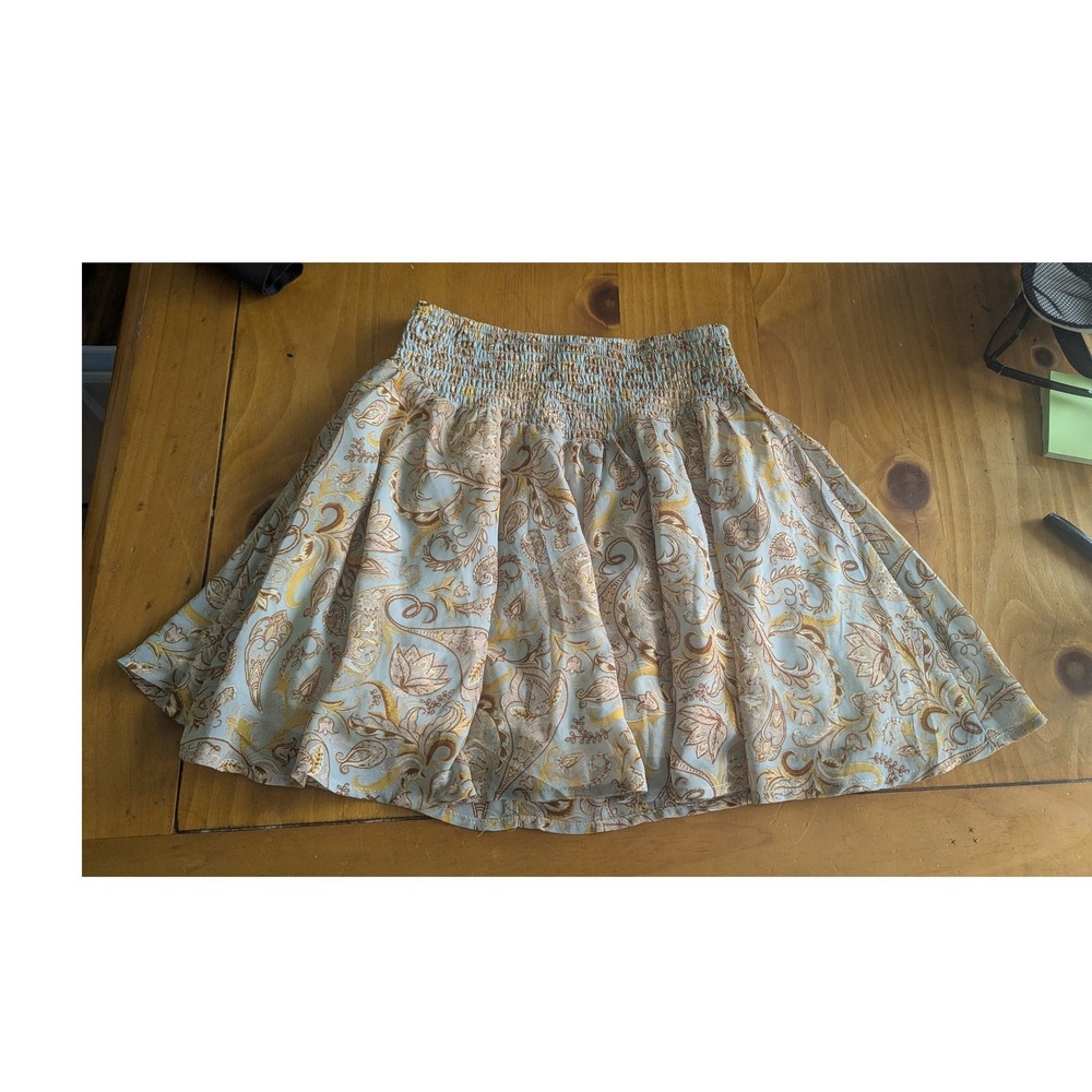 Style Rack Womens Small Paisley Floral Smocked Mini Skirt Blue Tan Boho L.A.